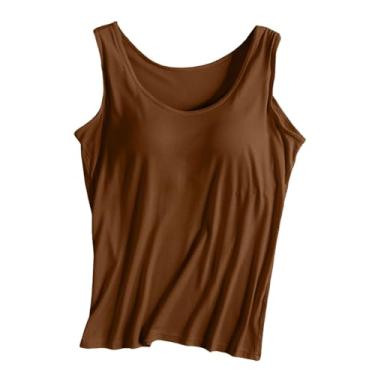 Imagem de Lainuyoah Regatas femininas modernas confortáveis gola redonda sutiã embutido acolchoado para treino sólido alças largas camisetas casuais, A - bronze, M