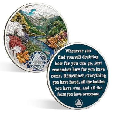 Imagem de CHURYUML Moeda de sobriedade de 8 meses, medalhões de recuperação de chip de sobriedade de oito meses, presentes de sobriedade para homens e mulheres Sober Token Alcoólicos Anônimos Addiction Recovery