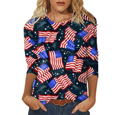 Imagem de Camisetas femininas 4th of July 4th of July Shirts Star Stripes 3/4 Sleeve Patriotic Tops Going Out Tops 2024, Azul-escuro - C, G