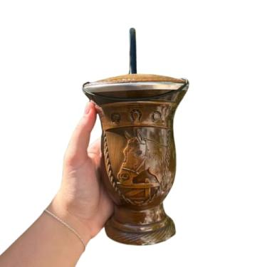 Imagem de Kit Chimarrão: Cuia Porongo com Gravura de Cavalo, Bomba de Inox e Bocal de Inox (Marrom preto)