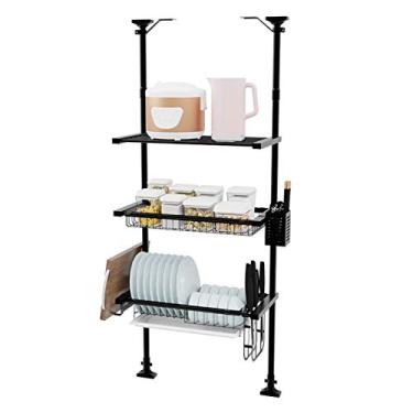 Imagem de Escorredor de louças pendurado sobre a pia, escorredor de pratos ajustável em altura entre armário e bancada resistente economia de espaço prateleira de armazenamento de suprimentos de cozinha, aço