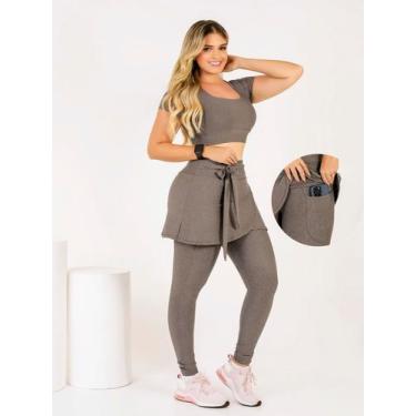 Imagem de Conjunto Calça Legging Saia Com Bolso Laço  + Top Cropped Moda Fitness