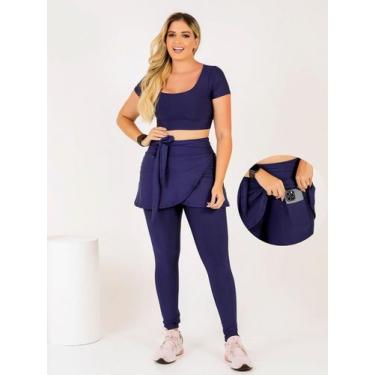 Imagem de Conjunto Calça Legging Saia Com Bolso Laço  + Top Cropped Moda Fitness