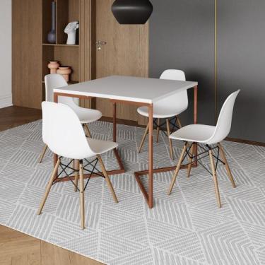 Imagem de Mesa Industrial Jantar Quadrada Branca 90x90cm Base Cobre V com 4 Cade