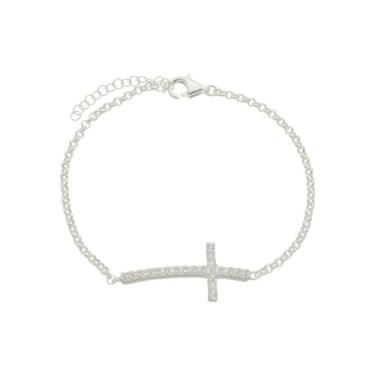 Imagem de Pulseira Elo Português Prata 925 Cruz Cravejada Feminina - DR Joias