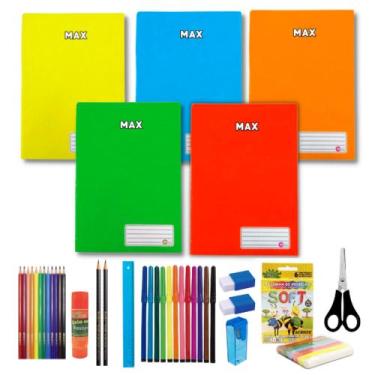 Imagem de Kit Material Escolar 5 Cadernos Brochurão + 32 Acessórios - Máxima Cad