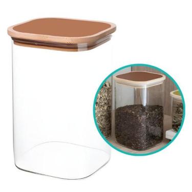 Imagem de Pote Mantimento Vidro Com Tampa Marrom Hermético Bambu 1,2L - CLICK HO