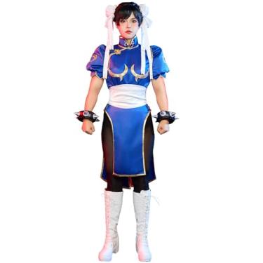 Imagem de Micotaku Street Fighter oficialmente licenciado de luxo clássico Chun Li Slim Fit azul cosplay fantasia collant e saia, Azul, M