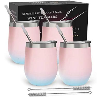 Imagem de CHILLOUT LIFE Copos de vinho de aço inoxidável de 350 ml, pacote com 4 - Conjunto de copos de vinho isolados a vácuo de parede dupla com tampas e canudos para café, vinho, coquetéis - algodão doce