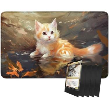 Imagem de RWUTYTIUL for MTG Card Playmat and 100 Count Card Sleeves Set, TCG Playmat Desk Mats 24 X 14 Inch, Stitched Playmat for Commander Board RPG CCG Game Magic The Gathering, Play Mat, Cat