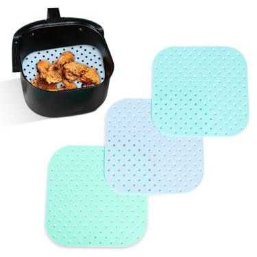 Imagem de Forros quadrados de silicone para fritadeira a ar | Pacote com 3 laváveis e reutilizáveis (21,6 x 21,6 cm) - Forros quadrados de fritadeira a ar para cobertura total - Forros de silicone ecológicos e
