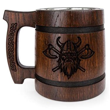 Imagem de TESLYAR Caneca de cerveja 590 ml - Caneca Viking - Caneca Tankard - Caneca de cerveja - Caneca de cerveja de madeira - Presentes feitos à mão para homens | Dia dos Pais | Natal | Presentes de