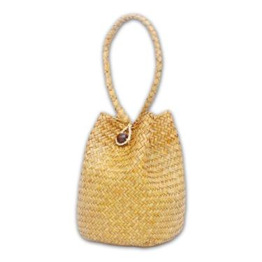 Imagem de Brihasory Bolsa de palha para mulheres, bolsa de praia de palha natural com alça superior sem forro, sacolas de tecido para férias de verão, Amarelo, 5.9" x 7.9"H(15cm x Height 20cm)