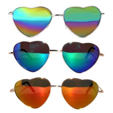Imagem de Pacote com 3 Óculos de sol em forma de coração com armação de metal aviador lentes espelhadas azul-verde vermelho multicolorido