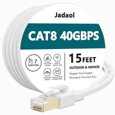 Imagem de Cabo Ethernet Cat 8 de 4,6 m, Cabo de patch RJ45 de alta velocidade, Cat8 LAN banhado a ouro 40 Gbps 2000 Mhz rede, interno, externo e resistente a intempéries S/FTP UV para roteador/modem/jogos/interruptor - branco