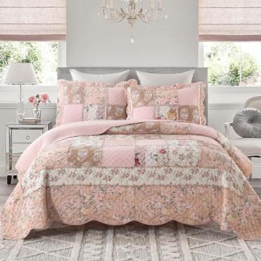 Imagem de Yvooxny Colchas California King Conjunto de colcha floral rosa vintage chique botânico acolchoado conjunto de colcha de 3 peças com babados para todas as estações, California King, 297 x 295 cm