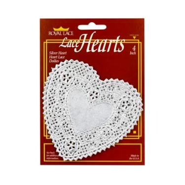 Imagem de Hygloss Doilies de papel prata metálica em forma de coração de 10 cm – Perfeito para artesanato de dia dos namorados, decoração de mesa e festas – Pacote com 144