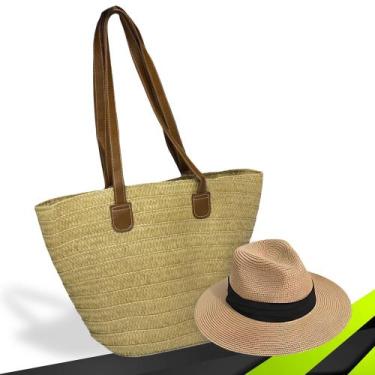 Imagem de Kit Chapéu Palha ABA MÉDIA + Bolsa GOLD Tote Alça Grande Praia Feminin