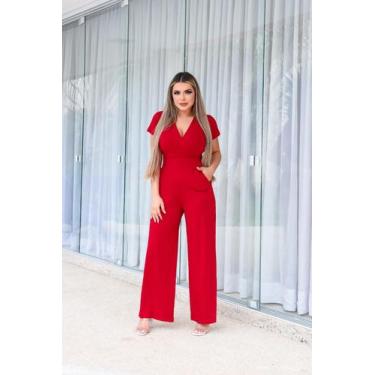 Imagem de Macacão Pantalona com Manga e Bolsa Decote V - luh may, Vermelho, M