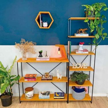 Imagem de Cantinho Estante e Aparador Industrial de Ferro e Madeira Carvalho e P