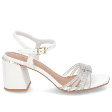 Imagem de Sandália Usaflex Salto Bloco Médio Couro Strass Branca-Feminino