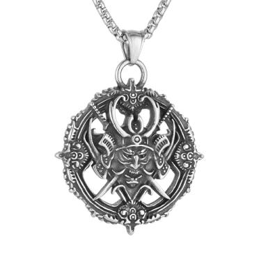 Imagem de HZMAN Colar masculino de armadura samurai japonesa de aço inoxidável, gótico, japonês, com pingente redondo, joia para presente, Aço inoxidável, Sem Pedra Preciosa