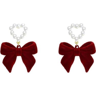 Imagem de Brincos de laço de Natal para mulheres, lindos brincos de laço de pérola, brincos pendurados com strass, brincos de sino de Natal, moda de Natal, brincos de laço vermelho, bijuterias de festa de