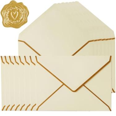 Imagem de Pacote com 30 envelopes grossos 12 x 17 cm com borda dourada, envelopes de cartões de felicitações de papel grosso A7 com adesivos para convite (cor creme, 18,4 x 13,3 cm)