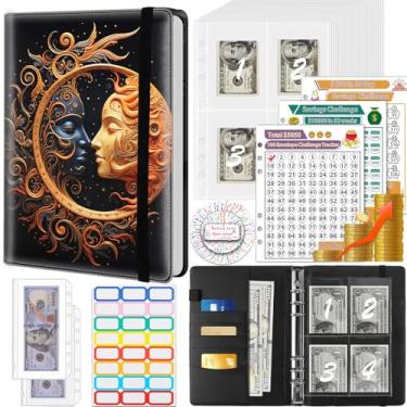 Imagem de Fichário para economizar dinheiro, 100 envelopes, desafio de economia de dinheiro, fichário de orçamento e 3 rastreadores de orçamento, livro de couro PU A5 para economizar dinheiro, lua dourada e sol