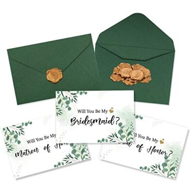 Imagem de 11 conjuntos de cartões de pedido de dama de honra com envelopes e adesivos de cera, 11 cartões de proposta, 11 envelopes, 11 adesivos de cera, Will You Be My Bridesmaid Cards para casamento de irmã família (estilo folha)