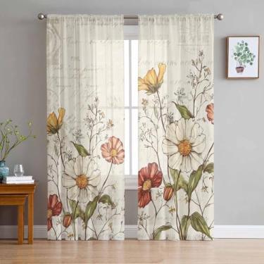 Imagem de Cortinas de janela translúcidas florais, folhas florais vintage, cortinas country francesas, bolso para varão, voile, casa de fazenda, tratamento de janela botânico para sala de estar, quarto, 137 cm