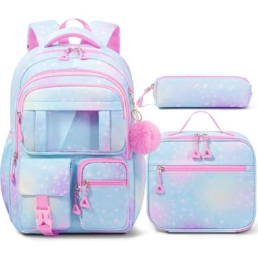 Imagem de Fimibuke Mochila infantil para meninas da escola, 3 peças de mochila impermeável para meninas com lancheira e bolsa de lápis - mochila escolar leve, mochila azul para maiores de 6 anos, ensi