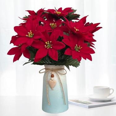 Imagem de Arranjo de flores de Natal de poinsétia artificial em vaso azul, decoração de férias elegante para casa, escritório e festas, centro de mesa festivo com flores vermelhas e charme rústico