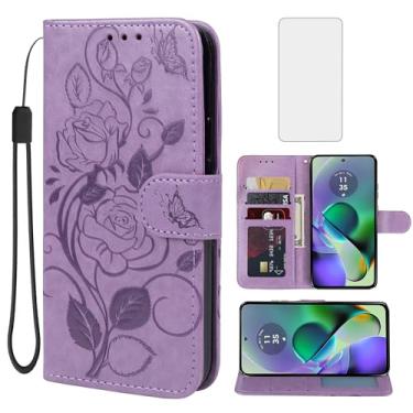 Imagem de Vavies Capa para Moto G54 5G/Motorola G54/Moto G64 5G XT2343-1 Capa carteira com protetor de tela de vidro temperado, flor de couro flip porta-cartão de crédito com suporte para celular para Motorola