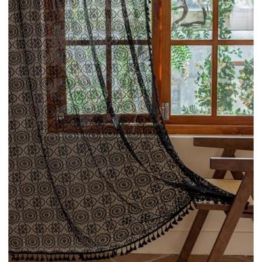 Imagem de Cortinas de renda preta de 183 cm de comprimento, 2 painéis, boho, borla, cortinas pretas transparentes, vintage, motivos florais, cortinas góticas para sala de estar, sala de jantar, decoração