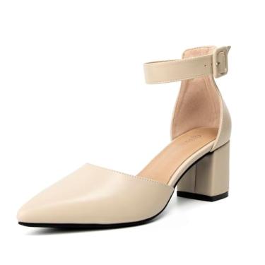 Imagem de qibusleen Sandália feminina fechada de bico fino, salto baixo, tira no tornozelo, salto grosso, sapatos de camurça para festas, casamentos, elegantes, confortáveis, de couro de camurça, sapatos de 6