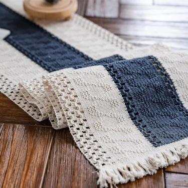Imagem de Alynsehom Caminho De Mesa Em Macramê, Bege Creme E Azul, Caminho De Mesa Boho Com Borlas, Caminho De Mesa De Algodão Tecido À Mão, Caminho De Mesa Rústico De Fazenda Para Mesa De Jantar De Cozinha B