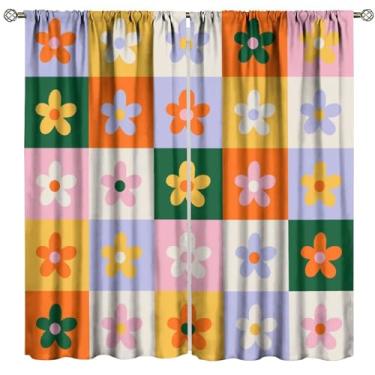 Imagem de Cortinas coloridas de flores dos anos 70, tratamento de janela floral hippie retrô colorido para quarto, sala de estar, cozinha, 183 cm L x 160 cm C