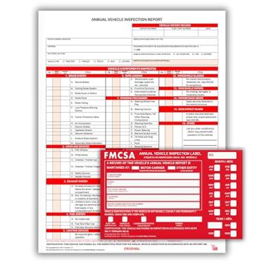 Imagem de Pacote com 5 formulários de relatório de inspeção anual de veículos Buck 3 camadas sem carbono com etiquetas adesivas FMCSA de alumínio vermelho com caixas de perfuração, em conformidade com FMCSA e