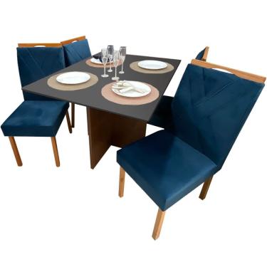 Imagem de Mesa de Jantar Helo 120x90cm em Veludo com 4 Cadeiras California Poliman Cor Grafite com Assento Azul