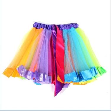 Imagem de Saia de Tule Colorida Fantasia Infantil Arco-Íris com Cós Elástico - A