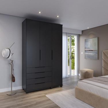 Imagem de Guarda-roupa Solteiro 3 Portas 4 Gavetas 100% Mdf Allen 136,9 Cm Preto Fosco