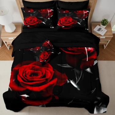 Imagem de MUGINYU Jogo de cama Queen com rosa vermelha, preto gótico, floral, 8 peças, 1 edredom com 1 edredom, 4 fronhas, 1 lençol de cima, 1 lençol com elástico, 1 capa de almofada