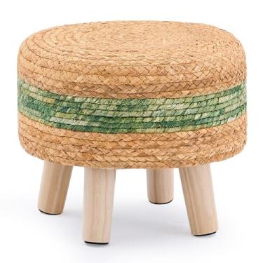 Imagem de LGENHOOM Jacinto de água natural, banco baixo redondo tecido à mão com pernas de pinheiro, apoio para os pés acolchoado macio para sala de estar ou quarto, verde