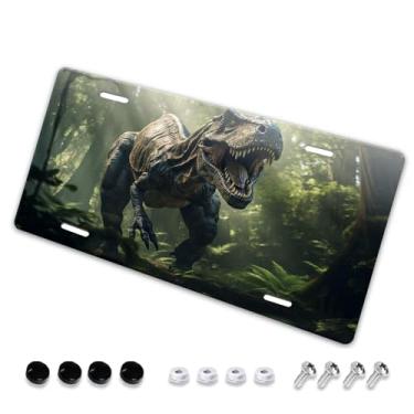 Imagem de Capa de placa de licença com impressão de dinossauro 3D engraçada - etiqueta artística de alumínio para carro, à prova de ferrugem, design exclusivo - 15,5 x 30,5 cm