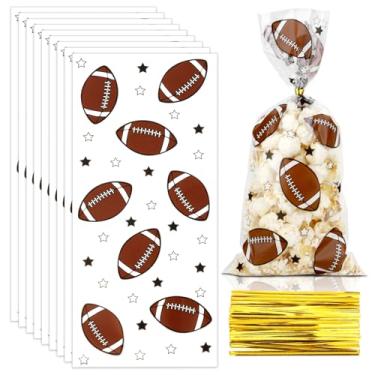 Imagem de Sacos de guloseimas de futebol, 100 unidades de sacos de guloseimas de celofane de futebol, saco de plástico para doces de 12 x 28 cm, saco de presente de biscoito com 100 peças de laços torcidos para