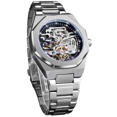 Imagem de Forsining Relógio de Pulso Mecânico Automático de Luxo Diamante Tourbillon Esqueleto para Homens Relógio Masculino Prata Aço Inoxidável
