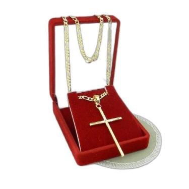 Imagem de Corrente Masculina 70Cm 3Mm + Cruz Folheado Ouro Cr745 - Wnbijouterias