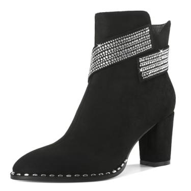 Imagem de Zamikoo Botas Femininas De Cano Curto, Salto Grosso, Bico Redondo, Curto Com Contas E Tira Strass Brilhante, Zíper Lateral, 3" Camurça Preta, Tamanho Eua 9