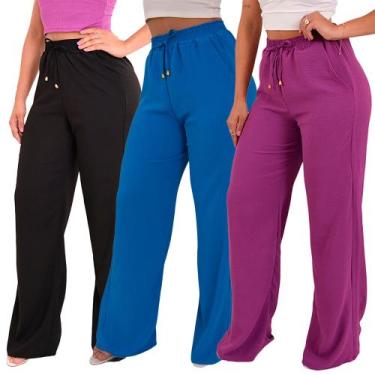 Imagem de Kit 3 Calça Pantalona Feminina Cintura Alta Tendência Larga Altíssima 